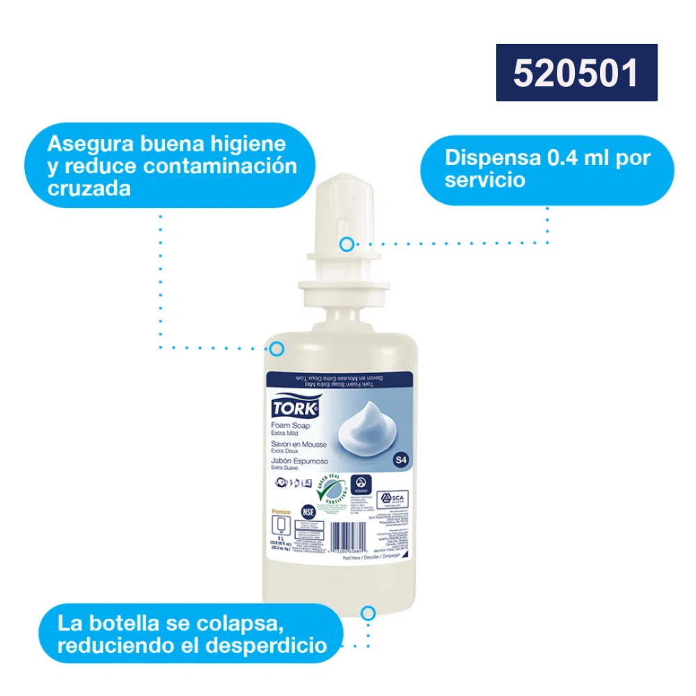 520501-460010 Jabón espuma Extra Suave + Dispensador Manual Inox Tork®